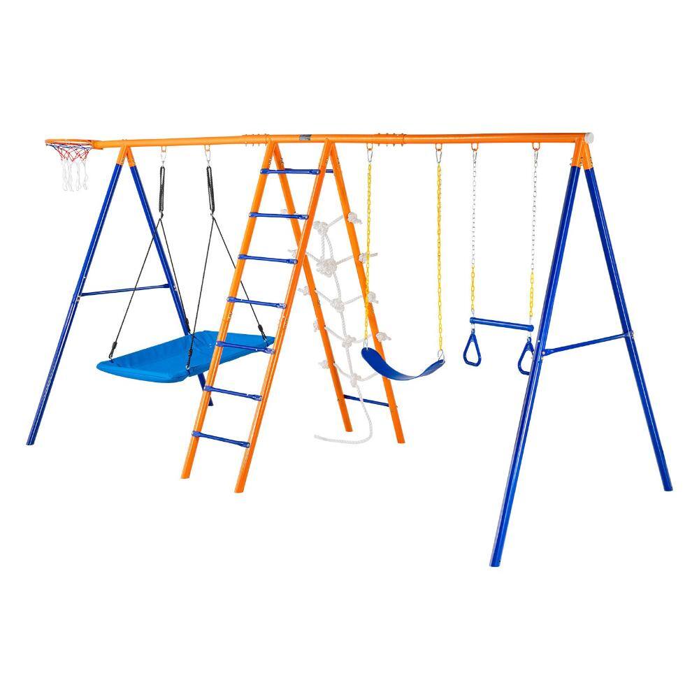 6 in 1 Metal Swing Set with Ladder, Trapeze, Climbing Net, 440lbs Capacity