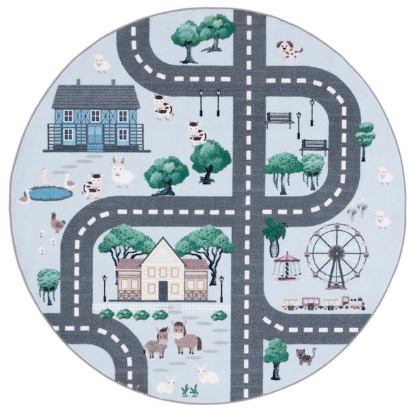 Kids Playhouse 3 ft. x 3 ft. Round Blue/Dark Gray Neighborhood Roads Area Rug