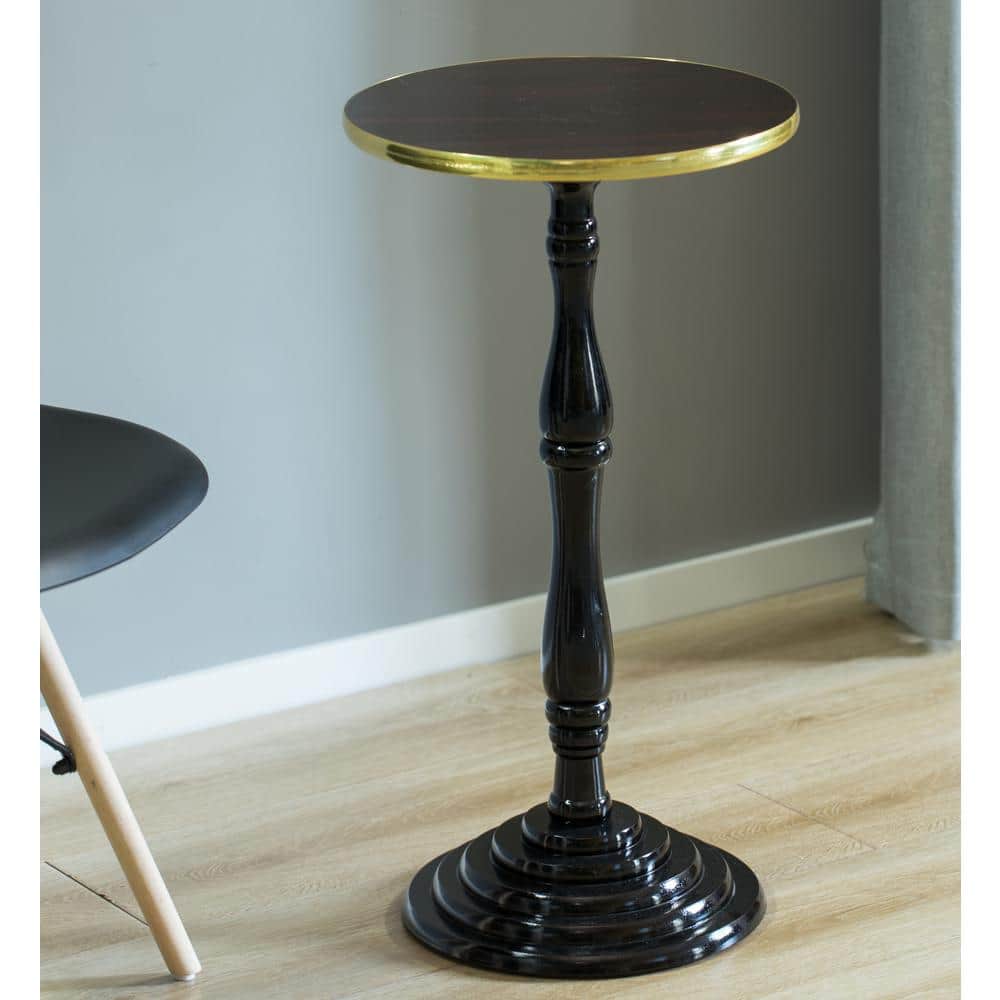 Espresso Wooden Round Pedestal Side Table with Glossy Marble Top