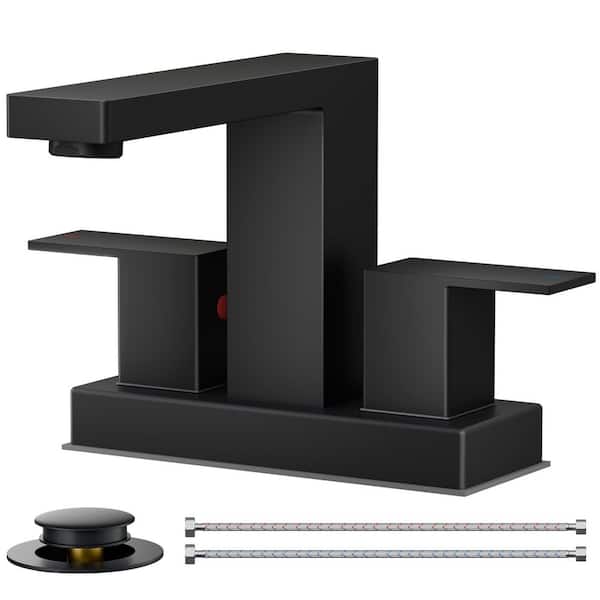 Waterfall 4 in. Centerset Double Handle Low Arc Bathroom Faucet with Drain in Matte Black