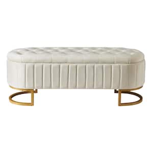 Beige Upholstered Velvet 47.20 in. W Storage Ottoman with Button-Tufted and Metal Legs
