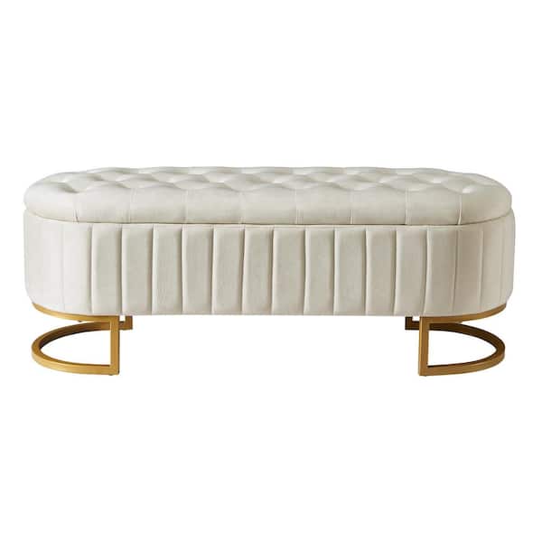Beige Upholstered Velvet 47.20 in. W Storage Ottoman with Button-Tufted and Metal Legs