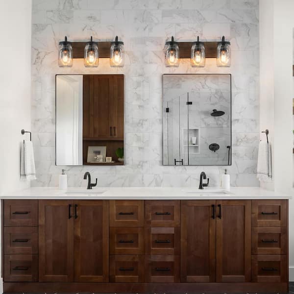 Farmhouse Bathroom Vanity Light 3-Light Black Powder Room Wall Sconce with Brown Faux Wood Accent Clear Mason Jar Shades