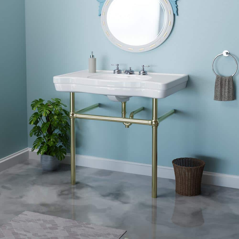 White Ceramic Console Sink with Satin Nickel Bistro Legs