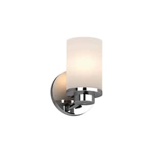 Sharyn 1-Light 5 in. Chrome Indoor Bathroom Vanity Wall Sconce or Wall Mount with Frosted Glass Cylinder Shades