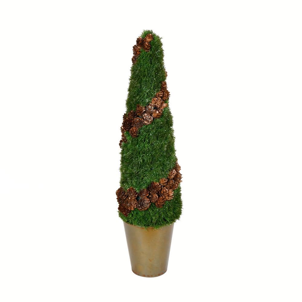 24 in. Green Artificial Cone Shape Cedar Topiary Plants in Rustic Tin Pot