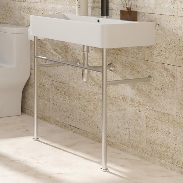 Staykiwi 5.3 in. Ceramic Console Sink Basin in White and Polished Nickel Legs Combo with Overflow