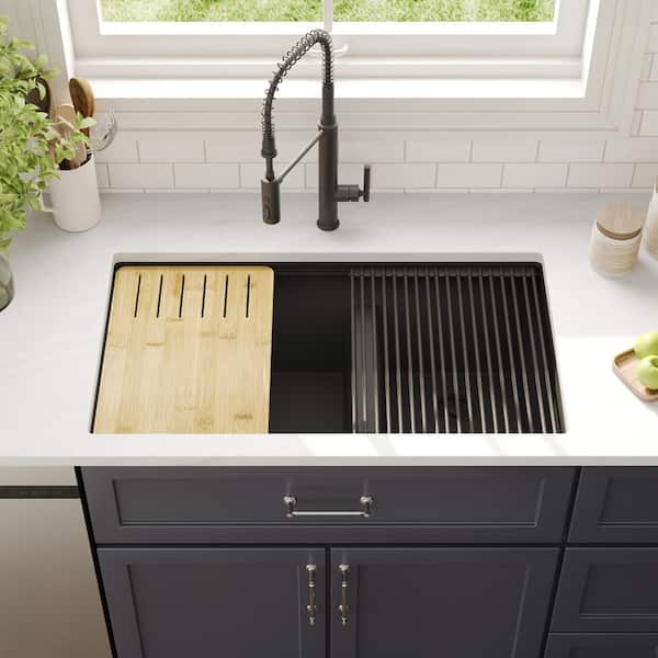 Workstation 33 in. Undermount Quartz Composite 60/40 Double Bowl Kitchen Sink in Matte Black with Accessories