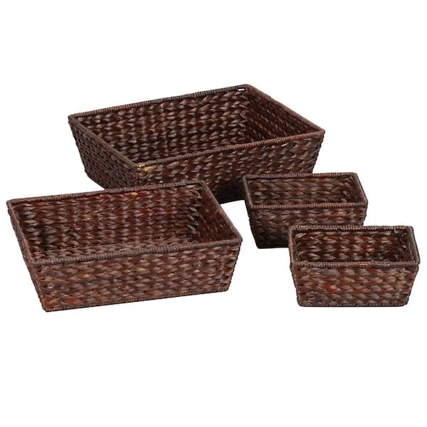 Household Essentials 5 in. x 16.5 in. Water Hyacinth Wicker Storage Baskets in Brown (Set of 4 Stained 1/L-1/M and 2S)