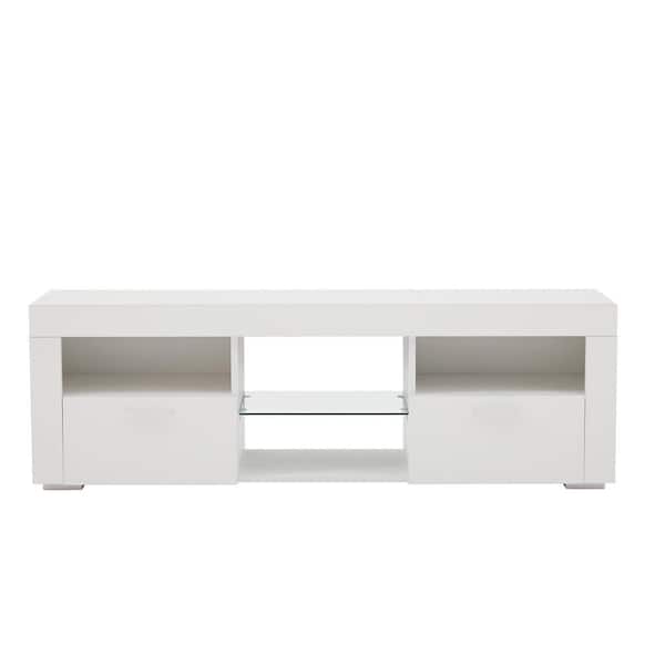 ANBAZAR 51 in. White with Storage  Modern Minimalist up to 55 in.  with High Glossy LED Lights TV Stand