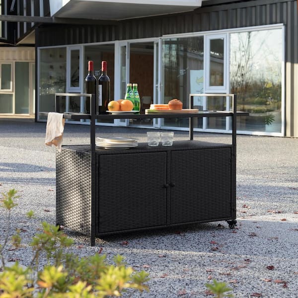 Cesicia Outdoor Wicker Black 51.18 in.W Rolling Bar Cart Wine Serving Cart with Glass Top