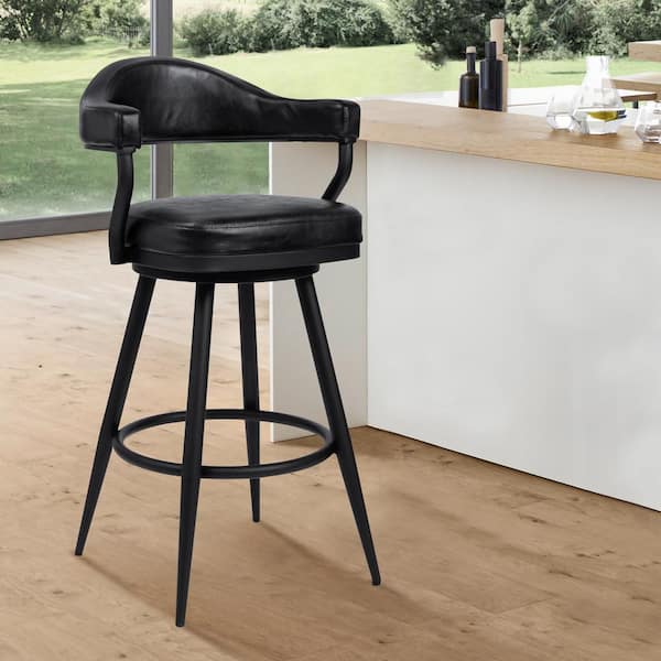 Armen Living Justin 38 in. Vintage Black Metal Bar Stool with Faux Leather Seat
