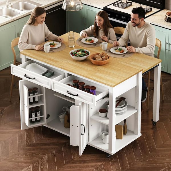Runesay Farmhouse White Wood 47.2 in. Internal Storage Rack Kitchen Island Extendable Dining Table with 2-Drawer and 2-Cabinet