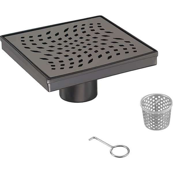 Elegante Drain Collection 6 in. Square Stainless Steel Shower Drain with Wave Pattern, Matte Black