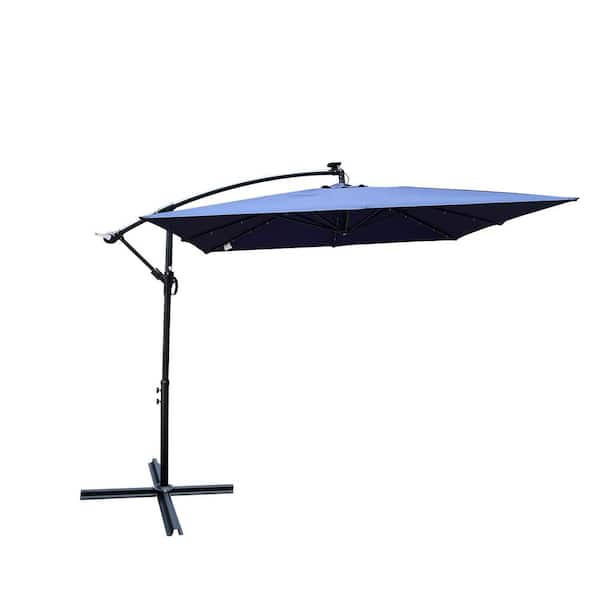Tunearary 8.2 ft. Steel Market Umbrella Patio Umbrella in Navy Blue Solar LED Light Crank Cross Base Square Outside Deck Pool