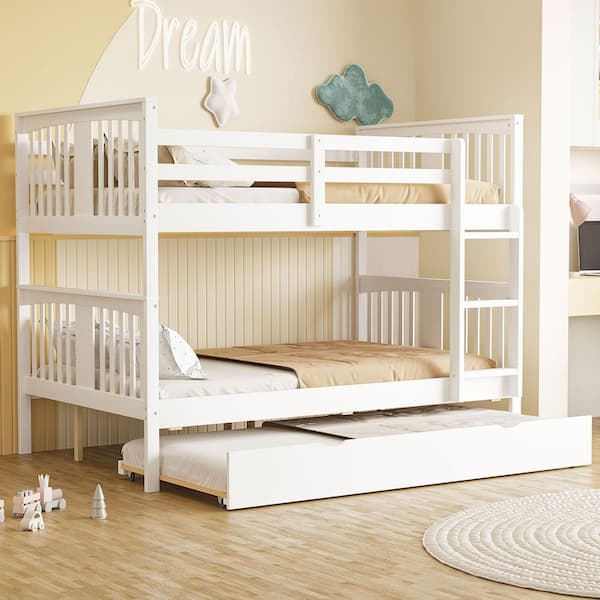 Polibi White Full Over Full Bunk Bed with Twin Size Trundle and Ladder