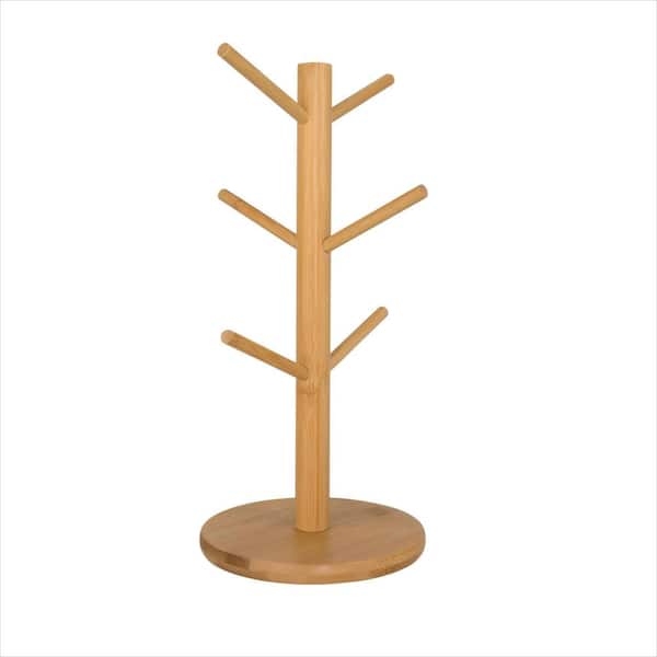 6-Hook Yellow Wood Coffee Cup Mug Holder Tree with Non-Slip Bottom for Kitchen Countertop Cabinet Decor