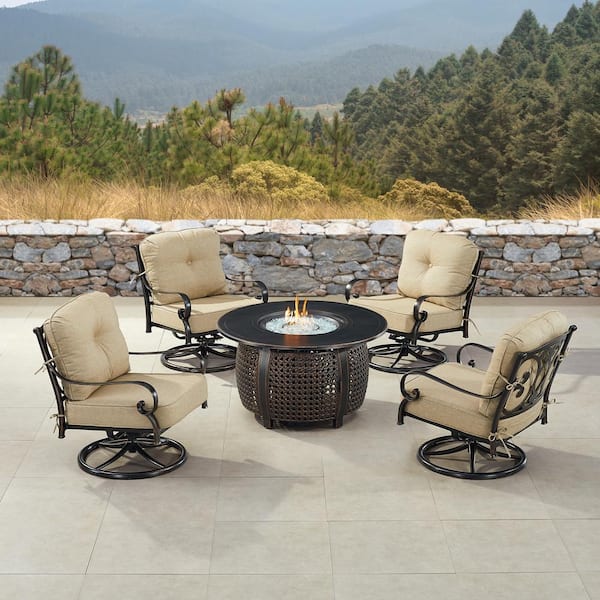Oakland Living Black 5 Piece Aluminum Patio Fire Pit Table Set with 4 Club Chairs with Tan Cushions