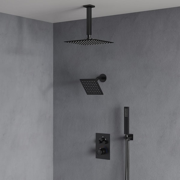 Family-Friendly 7-Spray Multiple Press 12 in. Wall Bar Shower Kit with Anti Scald 2.5 GPM in Matte Black Valve Included