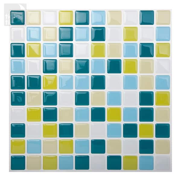 null Mosaic Peacockgreen 10 in. W x 10 in. H Peel and Stick Decorative Mosaic Wall Tile (5-Tiles)