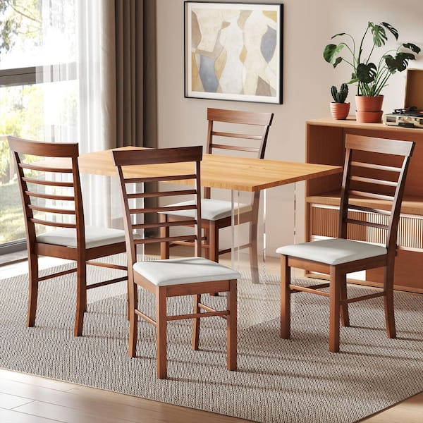 Wooden Dining Chairs Set of 4, Farmhouse Upholstered Kitchen Chairs with Rubber Wood Frame, Dark Brown and Beige