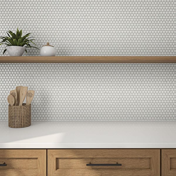 Uptown Glass Carrara 11 in. x 12 in. Matte Glass Hexagon Mosaic Floor and Wall Tile (16.92 sq. ft. /case)