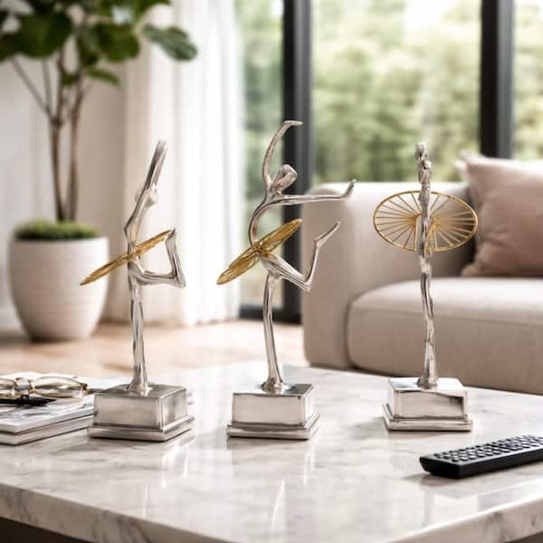 Silver/Gold 5 in. x 13 in. Metal Sculptural Ballerina Dancing Figurine (Set of 3)
