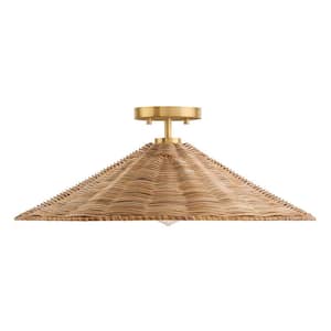 22 in. 1-Light Natural Brass Semi- Flush Mount with Natural Rattan Shade
