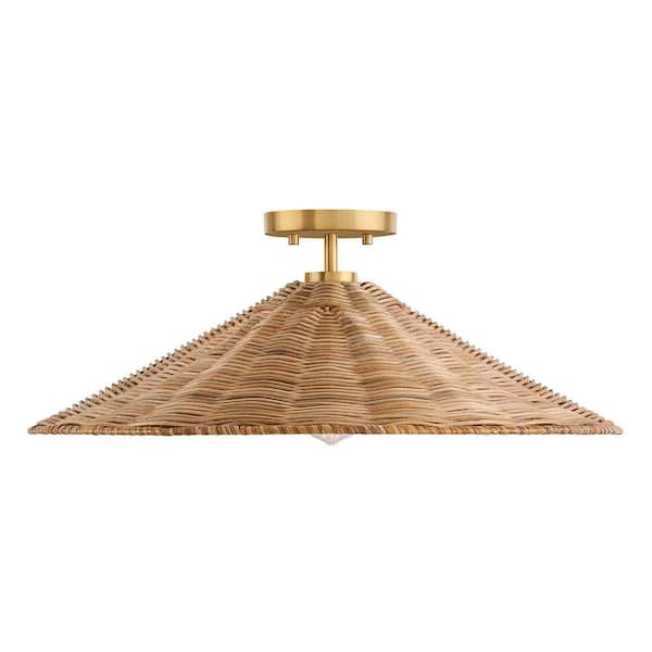 TUXEDO PARK LIGHTING 22 in. W x 8 in. H, 1-Light Natural Brass Semi- Flush Mount with Natural Rattan Shade