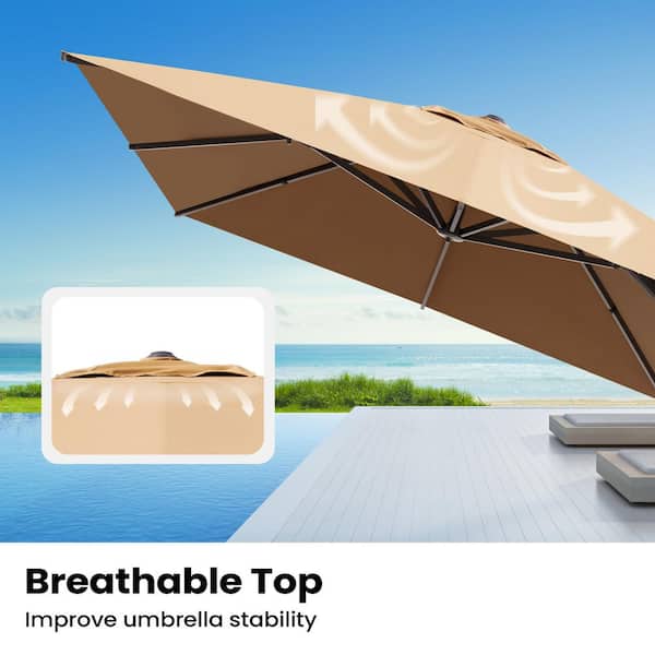Heavy-Duty 13.5 ft. x 10 ft. Aluminum Offset Cantilever Tilt 360° Swivel Patio Umbrella in Tan with 260 lbs. Base