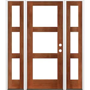 64 in. x 80 in. Modern Hemlock Left-Hand/Inswing 3-Lite Clear Glass Red Chestnut Stain Wood Prehung Front Door with DSL