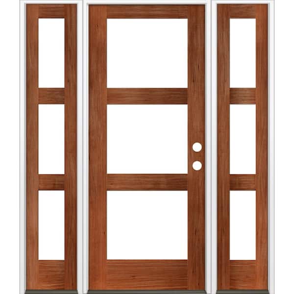 Krosswood Doors 64 in. x 80 in. Modern Hemlock Left-Hand/Inswing 3-Lite Clear Glass Red Chestnut Stain Wood Prehung Front Door with DSL