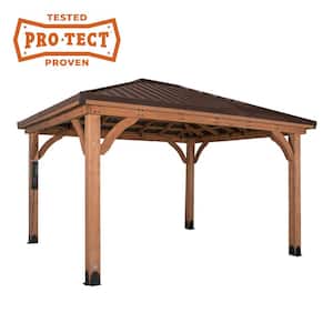 Barrington 14 ft. x 12 ft. All Gedar Wood Outdoor Gazebo Structure w/ Hard Top Steel Metal Hip Roof and Electric, Brown