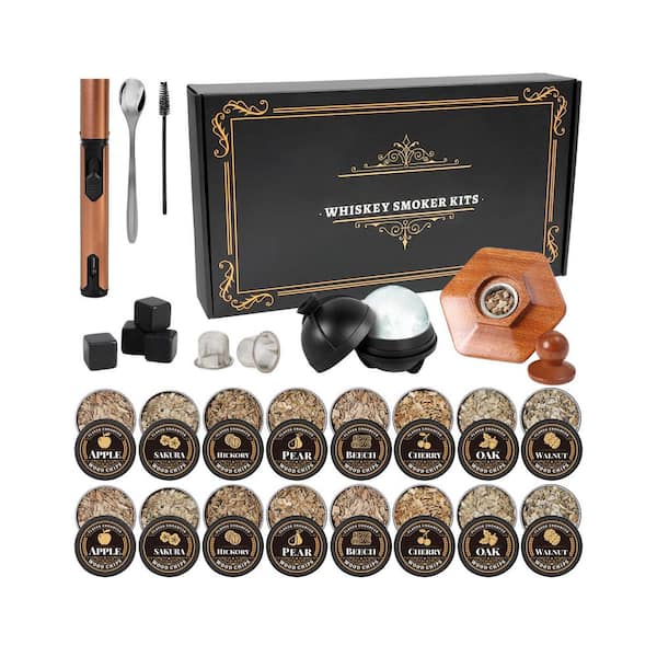 27-Piece Black Wood Whiskey Smoker Kit Kitchen Barware Set with 16 Wood Chips and Ice Ball Mold for Cocktails