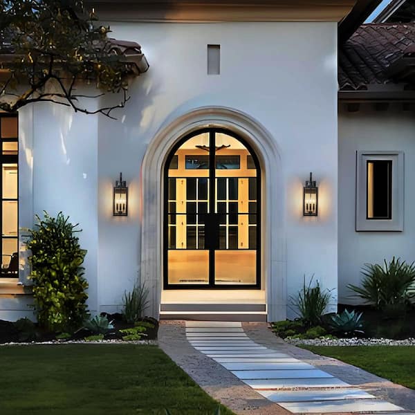 19 in. 3-Light Matt Black Outdoor Hardwired Wall Lantern Sconce with Seeded Glass and No Bulbs Included