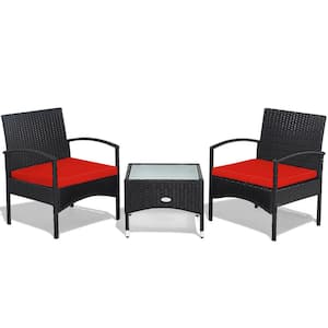 3 -Pieces Patio Wicker Rattan Furniture Set Coffee Table & 2 Rattan Chair with Cushion Red