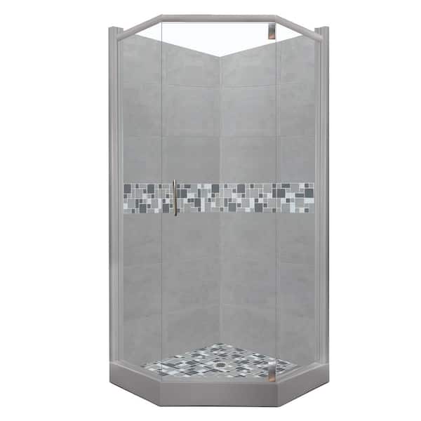 American Bath Factory Newport Grand Hinged 36 in. x 42 in. x 80 in. Left-Cut Neo-Angle Shower Kit in Wet Cement and Satin Nickel Hardware