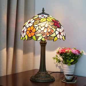 19 in. Tiffany Style Bronze Finish Table Lamp with Grape Floral Stained Glass Lamp Shade