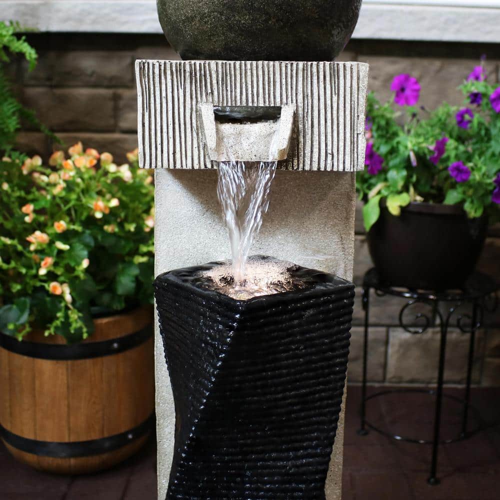 35" Black and Gray Polyresin Modern Outdoor Water Fountain with LED Lights