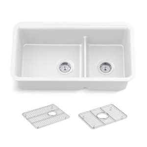 Cairn Matte White Solid Surface 33 .5 in. Double Bowl Undermount Kitchen Sink