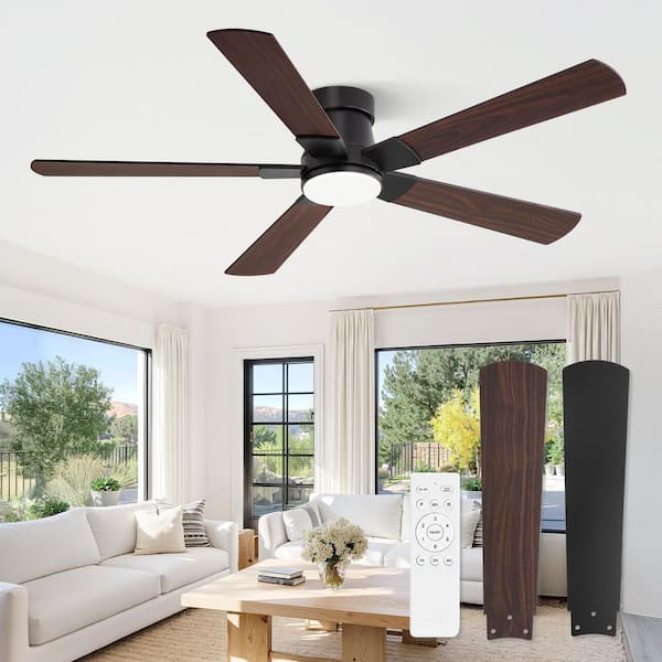 52in Black Indoor/Outdoor Standard Flush Mount Ceiling Fan with Light Remote Low Profile Reversible DC Motor for Bedroom