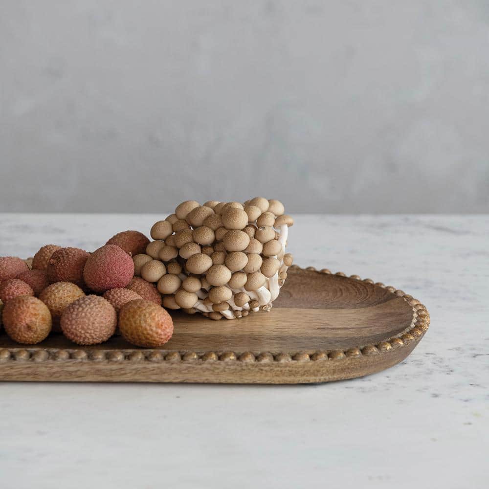 Hand-Carved Mango Wood Oval Tray with Gold Beads