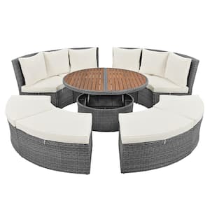 Rattan Metal 5-Piece Round Outdoor Sectional Sofa Set, PE Wicker Daybed with Liftable Table and Washable Beige Cushions
