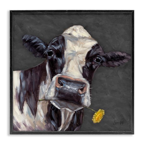 Stupell Industries Cow with Yellow Daisy by Sara G. Designs Black Framed Animal Giclee Art Print 17 in. x 17 in.