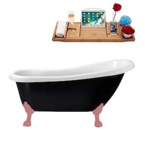 61 in. x 27.6 in. Acrylic Clawfoot Soaking Bathtub in Glossy Black with Matte Pink Clawfeet and Polished Gold Drain