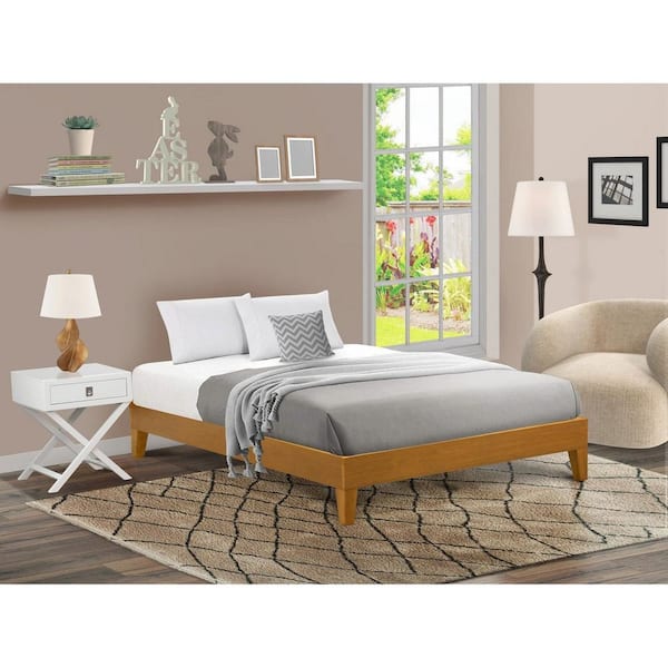 Beige Finish Engineered Wood Frame Queen Size Platform Bed with 4 Solid Wood Legs and 2 Extra Center Legs