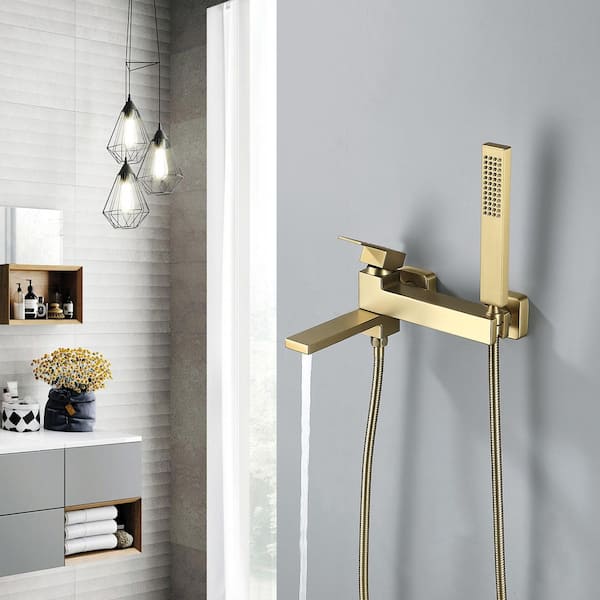 1-Handle Wall Mounted Roman Tub Faucet 90° Rotating Spout Bathtub Faucet with Hand Shower in Brushed Gold
