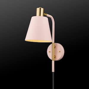 Cleo 1-Light Blush Pink Plug-In or Hardwire Wall Sconce with Matte Brass Accents and Black Cloth Cord