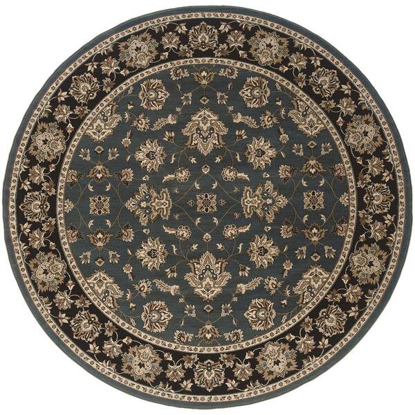 Alyssa Blue/Black 8 ft. x 8 ft. Round Floral Border Area Rug 007979