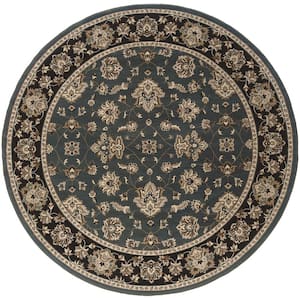 Alyssa Blue/Black 8 ft. x 8 ft. Round Floral Border Area Rug